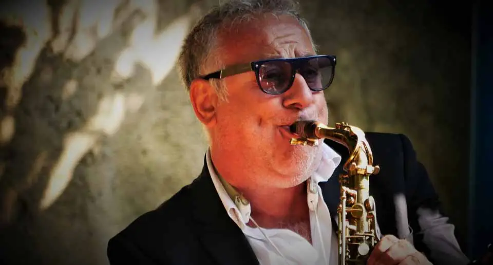 Musicista con saxofono suona durante un’esibizione dal vivo, indossa giacca scura e occhiali, illuminato da luce calda su sfondo naturale.