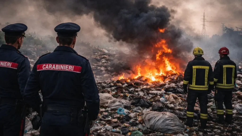Terra dei fuochi. Carabinieri e Vigili del fuoco a lavoro. Foto generata con AI.
