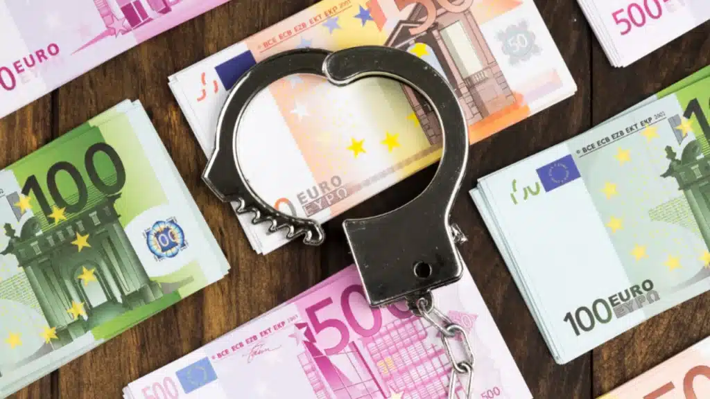 Banconote distese sul tavolo con le manette - immagine di repertorio