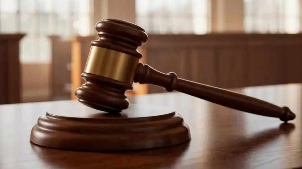 Martelletto su un tavolo in un'aula di tribunale - Immagine di repertorio