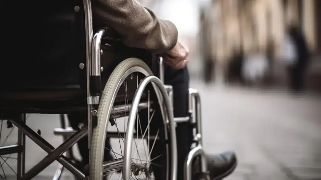 Paziente paraplegico seduto su una sedia a rotelle - immagine di repertorio