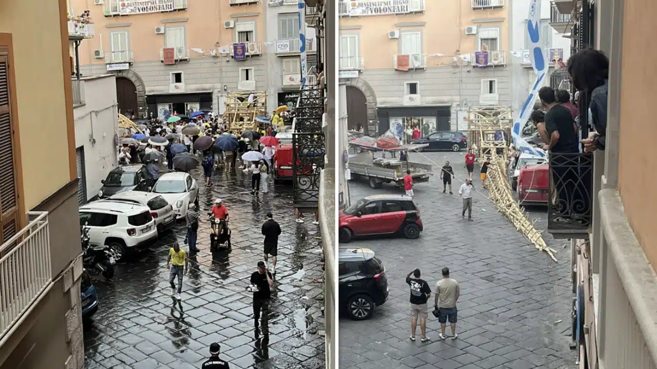 Festa dei Gigli a Nola, crolla il Giglio del Calzolaio causa maltempo: paura in piazza ma nessun ferito