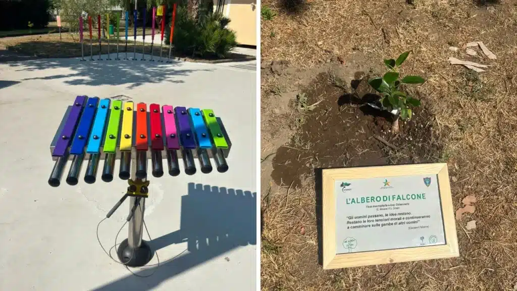 Lo xilofono all'ingresso del parco e l'albero di Falcone da poco piantato